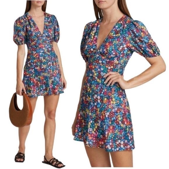 Staud Milla Floral Mini Dress Short Puff Sleeve V Neck Size 0 - Picture 3 of 12